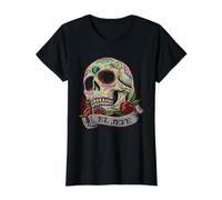 Dia De Los Muertos El Jefe Skull Roses Arte Estilo Tatuaje Camiseta gráfica económica, Mujer, Negro, L