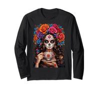 Dia De Los Muertos Mexican Sugar Skull Day of The Dead Women Manga Larga