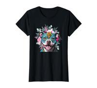 Día de los Muertos Pit Bull Sugar Skull Floral Dog Art Camiseta gráfica económica, Mujer, Negro, S