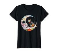 Día de Muertos Esqueleto Gato Luna Creciente Arte Popular Camiseta gráfica económica, Mujer, Negro, XL