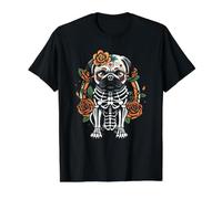 Día de Muertos Pug Sugar Skull Floral Dog Folk Art Camiseta gráfica económica, Hombre, Negro, L