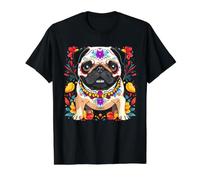 Día de Muertos Pug Sugar Skull Floral Dog Folk Art Camiseta gráfica económica, Hombre, Negro, S