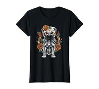 Día de Muertos Pug Sugar Skull Floral Dog Folk Art Camiseta gráfica económica, Mujer, Negro, L