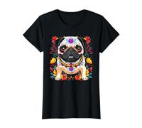 Día de Muertos Pug Sugar Skull Floral Dog Folk Art Camiseta gráfica económica, Mujer, Negro, L