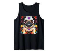Día de Muertos Pug Sugar Skull Floral Dog Folk Art Camiseta sin Mangas