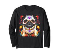 Día de Muertos Pug Sugar Skull Floral Dog Folk Art Manga Larga