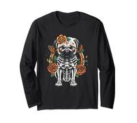 Día de Muertos Pug Sugar Skull Floral Dog Folk Art Manga Larga