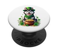 Día de San Patricio, Perro Husky Siberiano, Cachorro, Lindo PopSockets PopGrip Adhesivo