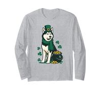 Día de San Patricio perro Husky siberiano, duende, divertido Manga Larga