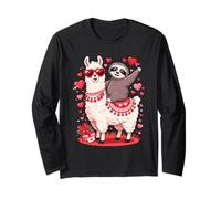 Día de San Valentín Perezoso Montando Llama Animales Corazones Manga Larga