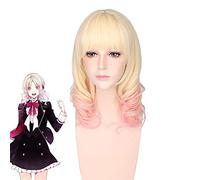 Diabolik Lovers Komori Yui Pink Blonde Ombre Mix Curly Medium Flat Bangs Styled Hair sintético Cosplay pelucas llenas mujeres PL-585
