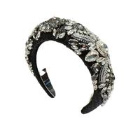 Diadema acolchada para mujer, hecha a mano, con cuentas, estilo bohemio, con flores pequeñas, color negro