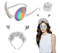 Diadema Alienígena Disfraz Disfraz Alien - Cabeza de Alien con Antenas Plateadas, Gafas Plateadas y Brillos Holográficos - Accesorios para Fiesta de Disfraces de Alien, Carnaval, Halloween, 1 Set