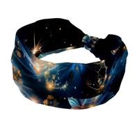 Diadema ancha de flores y mariposas con fondo brillante de universo de sendero, diadema elástica para el pelo, turbante, accesorios para el cabello para mujer
