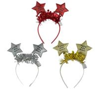 Diadema año nuevo 2026 con luz LED; accesorio Año Nuevo para Nochevieja, fiesta, photocall, cotillón, disfraces; tinsel metálico y banda flexible (3 FAN estrella con tiras con luz rojo+plata+oro, 3)