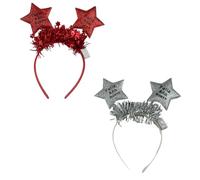 Diadema año nuevo 2026 con luz LED; accesorio Año Nuevo para Nochevieja, fiesta, photocall, cotillón, disfraces; tinsel metálico y banda flexible (2 FAN estrella con tiras con luz rojo+plata, 2)