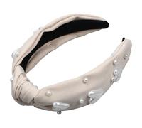 Diadema Anudada con Corazón y Perlas, Cinta Beige para Mujer | Tacto Agradable, Antideslizante, Base de Tela y Abs, Ligera, Mantiene el Cabello Lejos del Rostro