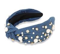 Diadema anudada con perlas brillantes y diamantes de imitación en la parte superior, elegantes diademas para mujer, diadema azul vaquero, accesorios de moda, lindas bandas para el cabello para mujeres