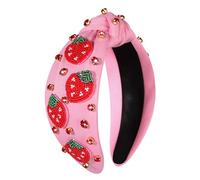 Diadema anudada con perlas de cristal para mujer, con cuentas, de frutas, ancha, bohemia, linda, tropical, para verano, con nudo superior, accesorios para el cabello, regalos (diadema de fresa, rosa)