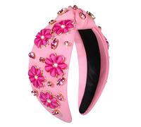 Diadema anudada de flores rosa con diamantes de imitación de cristal y flores con nudo superior, diadema bohemia para fiesta, novia, diadema blanca, accesorios para el cabello, regalo para mujeres y
