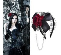 Diadema con colgante de perlas y lazo rojo vintage con lazo de rosa gótica, accesorios para el cabello para mujer, novia, boda, cumpleaños, Halloween, máscaras, fiesta de cosplay