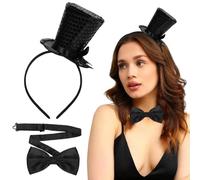 Diadema con sombrero, mini negro sombrero diadema y lazo de mariposa, diadema con sombrero de lentejuelas, diadema para mujer, para fiesta, carnaval, Halloween