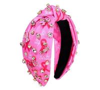 Diadema de concienciación sobre el cáncer de mama, diadema de cinta rosa, diadema anudada de perlas de cristal con cuentas adornadas con joyas de nudo superior ancho, diademas de nudo superior para