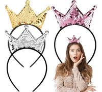 Diadema de Corona de Lentejuelas,3 Piezas Diademas Brillantes Tocados de Cumpleaños Coronas de Princesa Coronas de Reina Diadema de Corona para Cumpleaños de Niñas,Fiestas de Carnaval （Oro,Gris,Rosa）