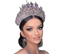 Diadema de cristal para novia, tiaras y coronas de reina, coronas de novia para cumpleaños, fiesta de boda, concurso, accesorios para el cabello (multicolor/corona + collar + pendientes)