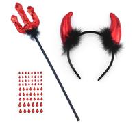 Diadema de cuernos de diablo y tridente de Halloween, disfraz de carnaval y diablo, diadema de cuernos roja, 36 cm, cetro, cuernos, accesorio para fiesta, con 1 arco de pegatinas rojas de gotas de