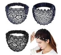 Diadema de encaje for mujer, diadema ancha con cuentas florales, diadema ancha con cuentas caladas, diademas de moda for mujer(3pc b)