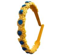 Diadema de encaje Frivolitê hecha a mano de Nativilis (#104) hecha de 100% algodón en amarillo vivo con detalles florales azules. Ligera y flexible, aporta un alegre encanto artesanal a cualquier