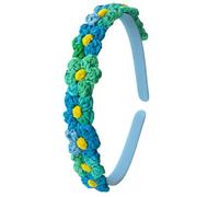 Diadema de encaje Frivolitê hecha a mano de Nativilis (#106) con tonos azules, verdes y amarillos. Suave, flexible y ecológica, un toque perfecto de color artesanal para cualquier look.