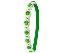 Diadema de encaje Frivolitê hecha a mano de Nativilis (#107) en color blanco con centros florales verdes. Elegante, suave y ecológico, ideal para looks minimalistas o festivos.