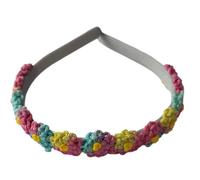 Diadema de encaje Frivolitê hecha a mano de Nativilis (#108) en suaves tonos pastel de rosa, turquesa, amarillo y lila. Ligera, flexible y ecológica: encanto artesanal para todos los estilos.