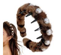 Diadema de felpa para niña, diadema con dientes de peine, antideslizante, de felpa, decorativa, esponjosa, diseño de leopardo de perlas, para mujer, madre, novia, profesora