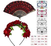 Diadema de flores de Halloween, Día de los Muertos, diadema con abanico plegable, 4 tatuajes faciales de Halloween y 20 tatuajes de cicatrices, accesorios mexicanos de Halloween