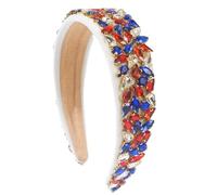 Diadema de franela gruesa para mujer, estilo vintage, con diamantes rojos, blancos y azules, color blanco litográfico
