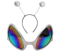 Diadema de gafas y marcianos de alienígena, lentes de sol con lentes de arco iris, diademas, accesorios de disfraz de alienígena, diadema y gafas, Cabeza de color plateado, Talla única