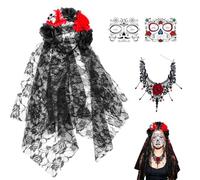 Diadema de Halloween, Diadema del Día De Muertos Collar Tatuajes Temporales de Cara Disfraz de Halloween Fancy Dress Costume Accesorios Diademas de Rosas Fiesta de Disfraces para Carnaval, Cosplay