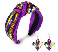 Diadema de Mardi Gras con lentejuelas de color morado, verde y dorado, diadema ancha anudada para mujer, aretes de flor de lis, desfile de carnaval, fiesta, nudo de fiesta de Nueva Orleans, traje de