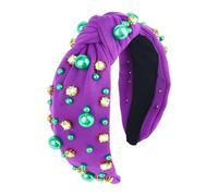 Diadema de Mardi Gras con nudo de perlas moradas, color morado, verde, dorado, perlas de diamantes de imitación, diademas anudadas con joyas, lindas bandas para el pelo, carnaval, desfile de fiesta,