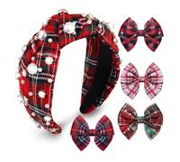 Diadema de Navidad con lazo rojo y verde con diamantes de imitación, diadema anudada para Navidad, festiva, nudo superior, pasadores, invierno, vacaciones, Navidad, accesorios de regalo (juego de