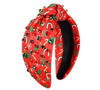 Diadema de Navidad para mujer, accesorios de Navidad, árbol de Navidad, copo de nieve, reno, bastón de caramelo, diadema anudada con perlas de cristal y nudo superior ancho, accesorio para el cabello,