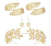 Diadema de Pearl Gold Leaf - Juego de joyas de vestuario, Laurel Roman Golden | Brazalete y aretes de banda para diademas de la corona de hoja, personalizado adecuado para mujeres novias de la fiesta