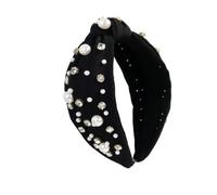 Diadema de Perlas con Nudo Diadema con nudo de tela rosa for mujer decoración perlas imitación y diamantes(Black)