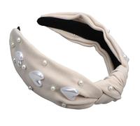 Diadema de Perlas para Mujer con Corazones, Ancha Beige Elegante | Tejido y Abs, Tacto Agradable Antideslizante, Ligera, Mantiene el Cabello Lejos del Rostro