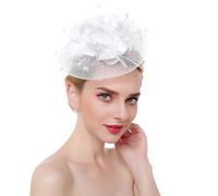 Diadema de plumas malla con flores for mujer, for boda, iglesia, cóctel, fiesta té, sombrero(White)