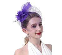 Diadema de plumas y flores, tocado, 1 pieza, tocados, sombreros de los años 20 y 50, sombrero pastillero, tocado for fiesta de té con velo for niñas y mujeres for damas(PURPLE)