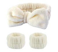 Diadema de spa 3 unids/set Spa diadema pulsera for lavarse la cara Toalla de maquillaje microfibra bandas for el cabello banda lavado Scrunchies muñequera absorbente(Beige)